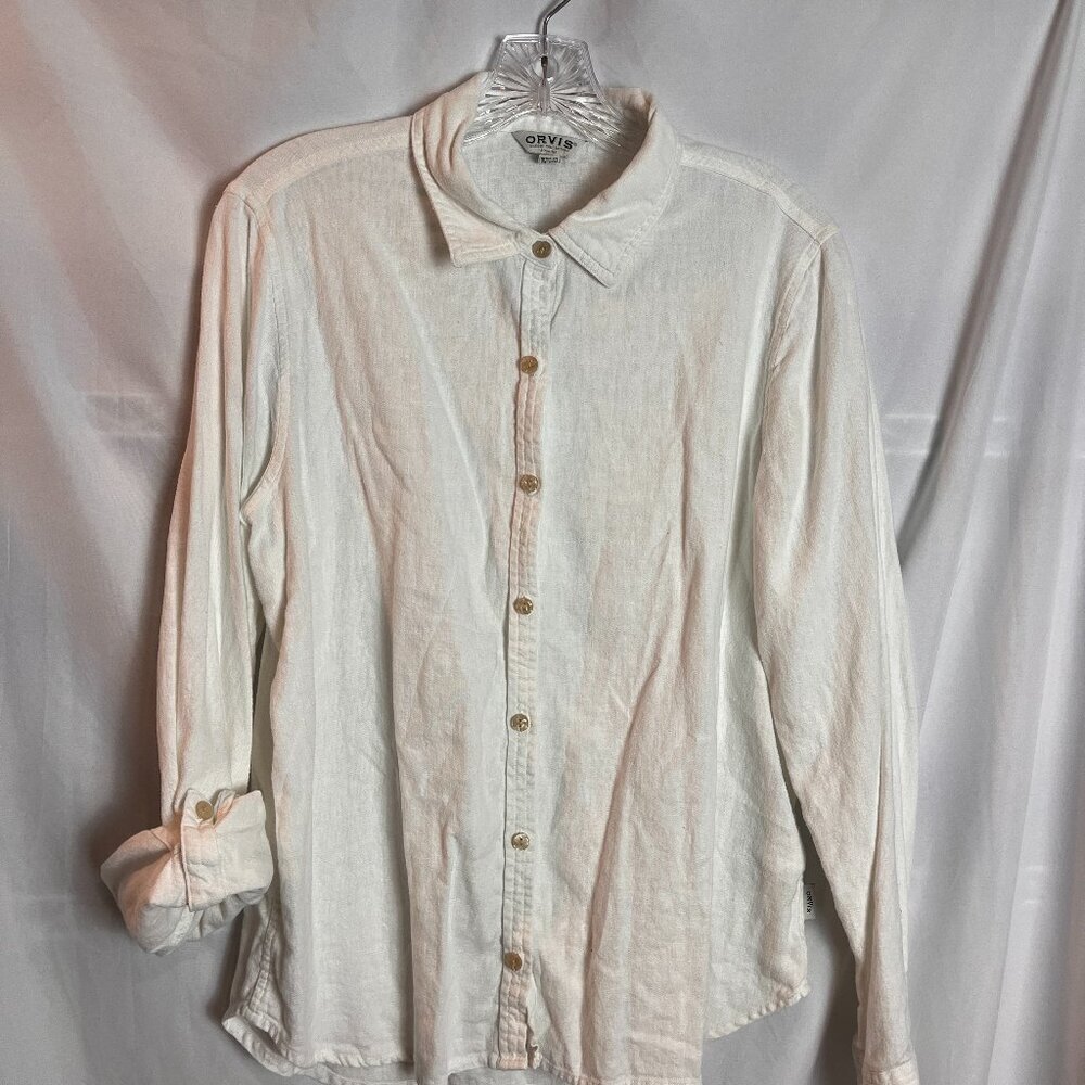 Women's White Linen Roll tab slv button front collared Orvis shirt Size M